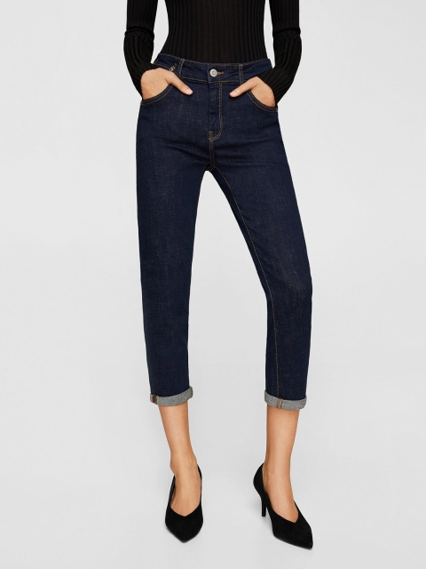 

MANGO Women Navy Blue Boyfriend Fit Mid-Rise Clean Look Cropped Stretchable Jeans