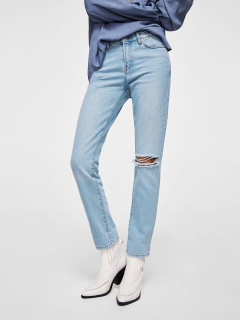 

MANGO Women Blue Relaxed Fit Mid-Rise Low Distress Jeans