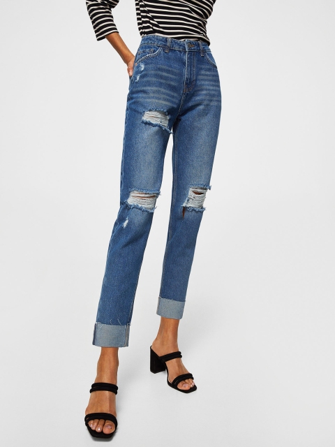 

MANGO Women Blue Relaxed Fit Mid-Rise Highly Distressed Jeans