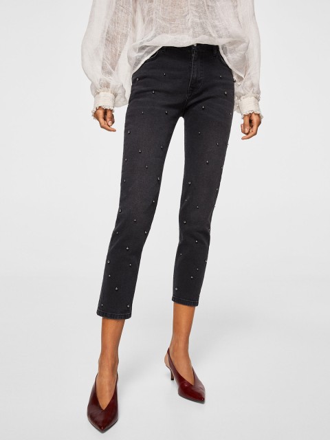 

MANGO Women Charcoal Grey Regular Fit Mid-Rise Stretchable Cropped Studded Jeans