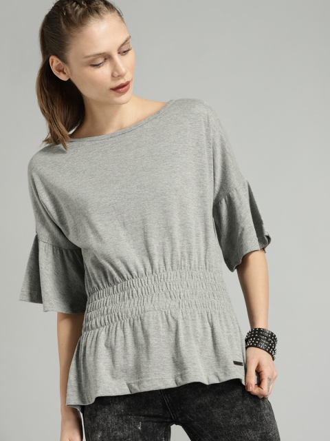 

Roadster Time Travlr Women Grey Melange Solid Peplum Top