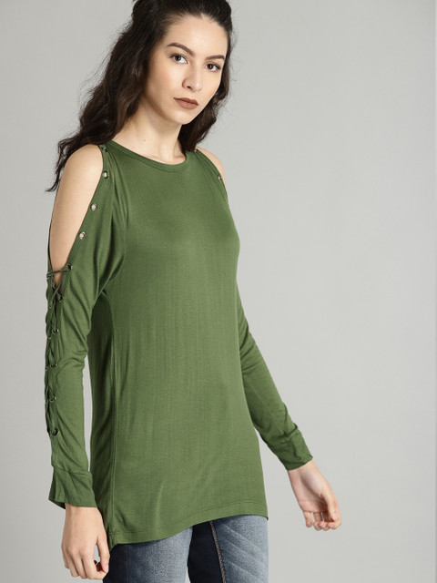 

Roadster Women Olive Green Solid Cold-shoulder Top