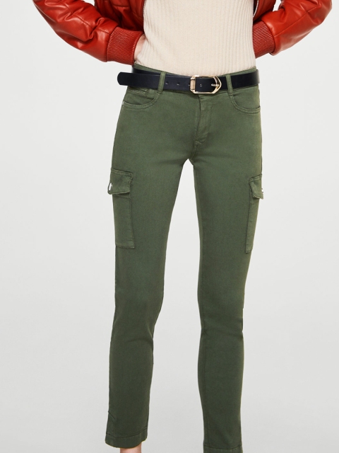 

MANGO Women Olive Green Regular Fit Solid Cargos