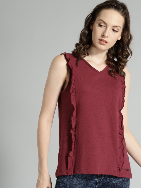 

Roadster Women Burgundy Solid Ruffled Top