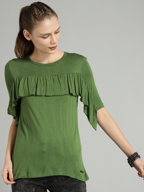 

Roadster Women Olive Green Solid Ruffled Top