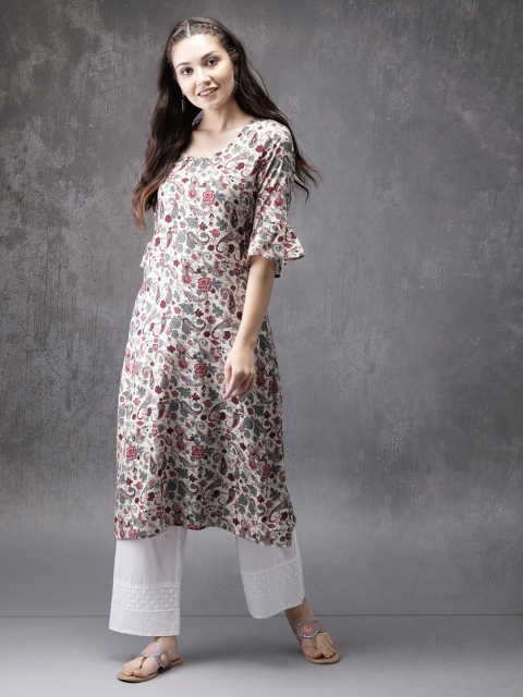 

Anouk Women Beige & Grey Printed A-Line Kurta
