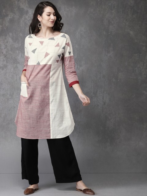 

Anouk Women Off-White & Maroon Checked A-Line Kurta
