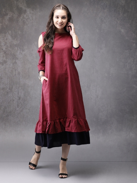 

Anouk Women Maroon Striped A-Line Dress