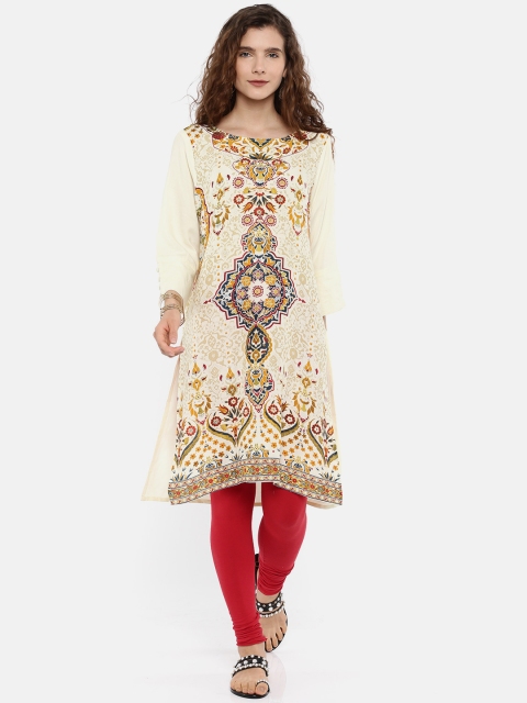 

Melange by Lifestyle Women Cream-Coloured & Maroon Printed Straight Kurta