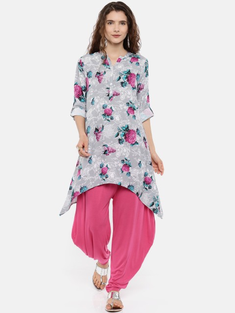 

Melange by Lifestyle Women Grey & Magenta Printed Straight Asymmetric Kurta