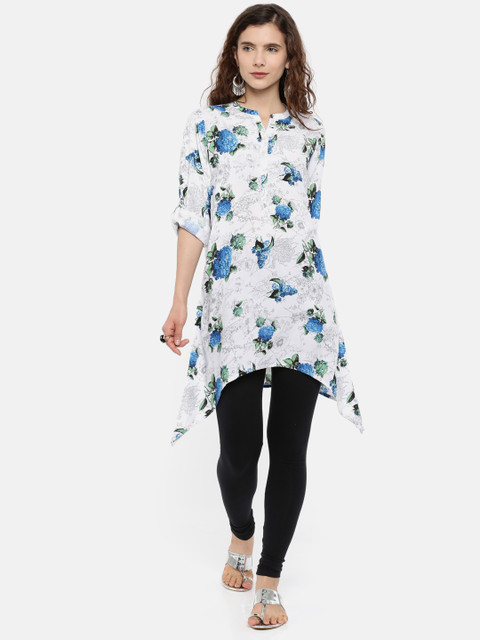 

Melange by Lifestyle Women White & Blue Floral Print Asymmetric A-Line Kurta