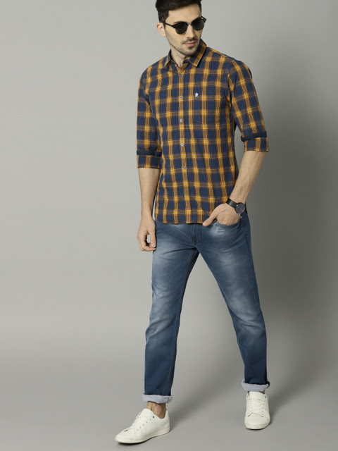 

French Connection Men Blue & Yellow Slim Fit Checked Casual Shirt