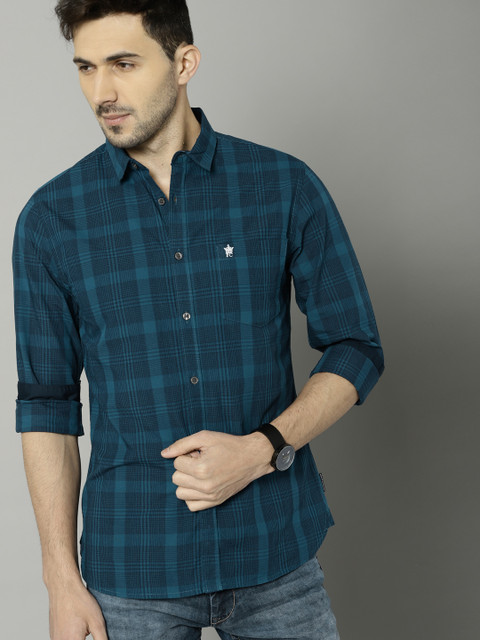 

French Connection Men Blue Slim Fit Checked Casual Shirt
