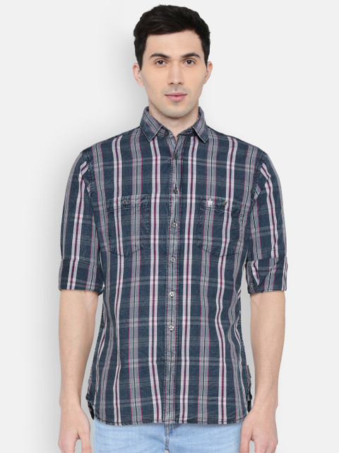 

French Connection Men Blue Slim Fit Checked Casual Shirt