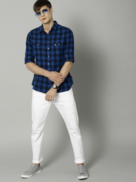 

French Connection Men Blue Slim Fit Checked Casual Shirt