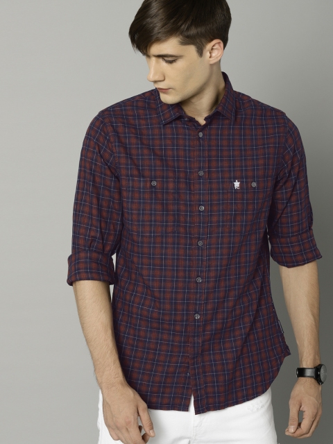 

French Connection Men Blue & Maroon Slim Fit Checked Casual Shirt