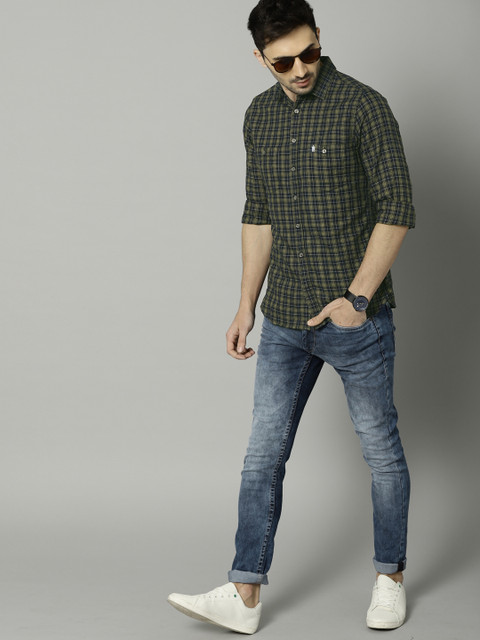 

French Connection Men Blue & Green Slim Fit Checked Casual Shirt