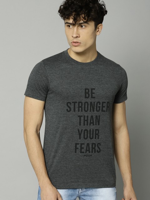 

French Connection Men Charcoal Grey Printed Slim Fit Round Neck T-shirt
