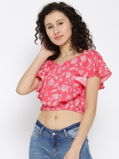 

Fusion Beats Women Pink & White Printed Blouson Crop Top