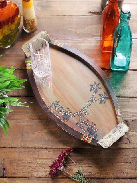

VarEesha Brown Warli Art Hand-Painted Oval Tray
