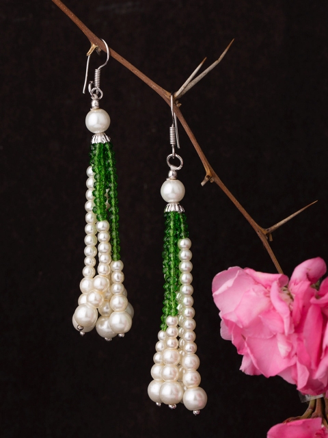 

Voylla Silver-Toned & Green Contemporary Drop Earrings