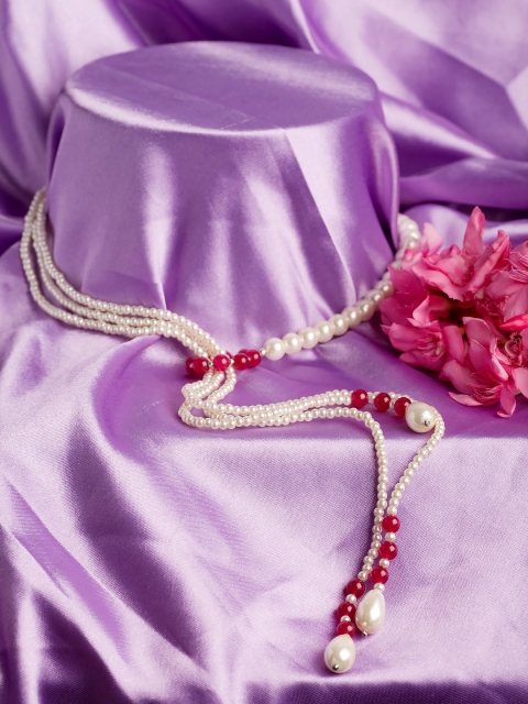 

Voylla Cream and Red Silver-Plated Layered Necklace