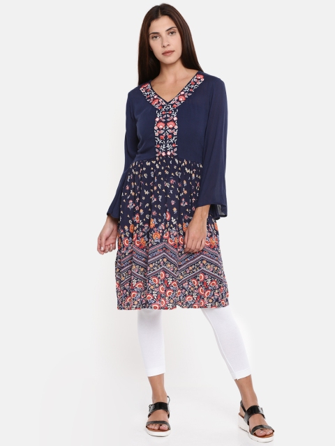 

Colour Me by Melange Women Navy Ethnic Printed Tunic, Navy blue