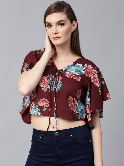 

Pannkh Women Maroon & Green Printed Crop Boxy Top