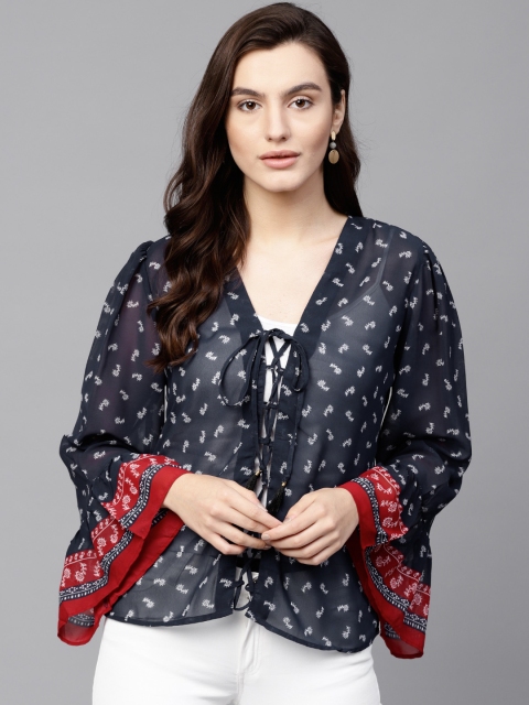 

Pannkh Women Navy Printed Sheer Top, Navy blue