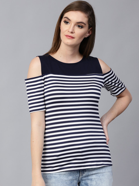 

Pannkh Women Navy & White Striped Cold-Shoulder Top, Navy blue