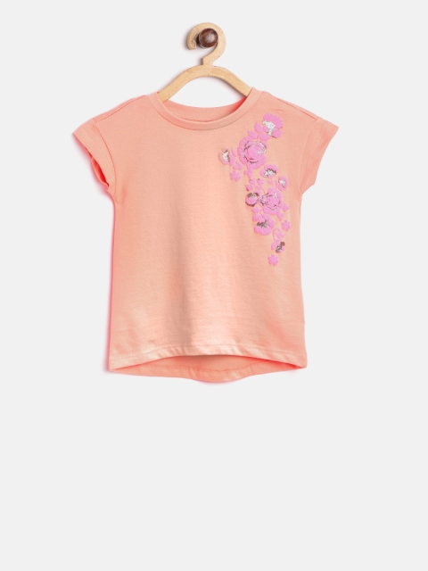 

United Colors of Benetton Girls Orange Self Design Round Neck T-shirt
