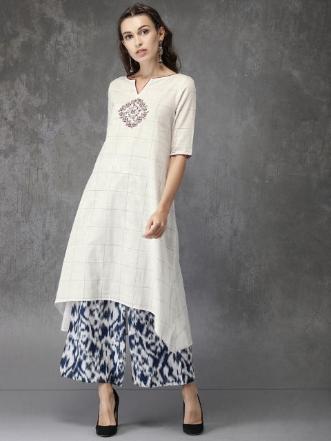 

Anouk Women Off-White Embroidered Kurta with Blue and Off-White Printed Palazzo Pants