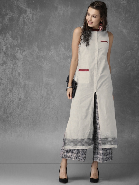 

Anouk Women Off-White & Navy Blue Solid Kurta with Palazzos