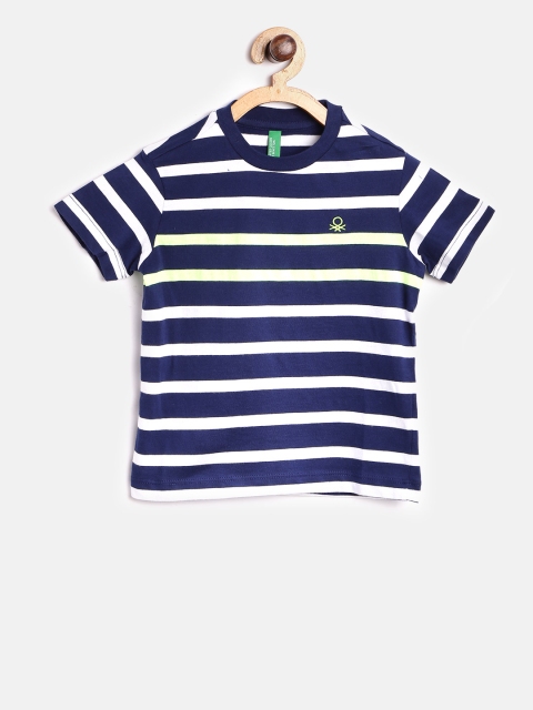 

United Colors of Benetton Boys Navy & White Striped Round Neck T-shirt, Navy blue