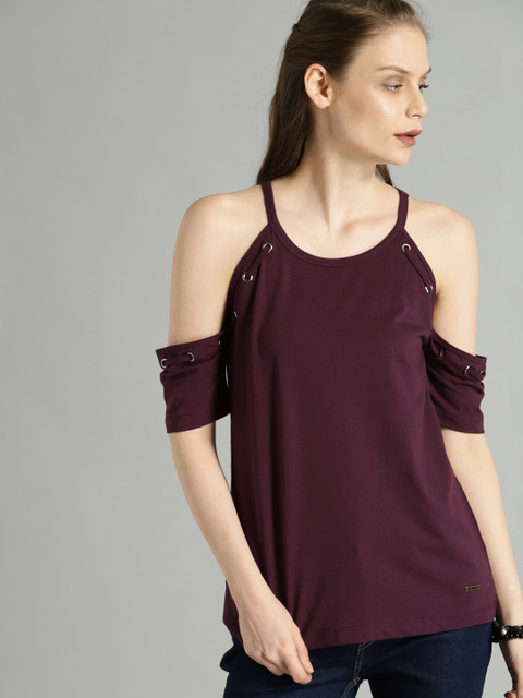 

Roadster Women Burgundy Solid Cold-shoulder Top