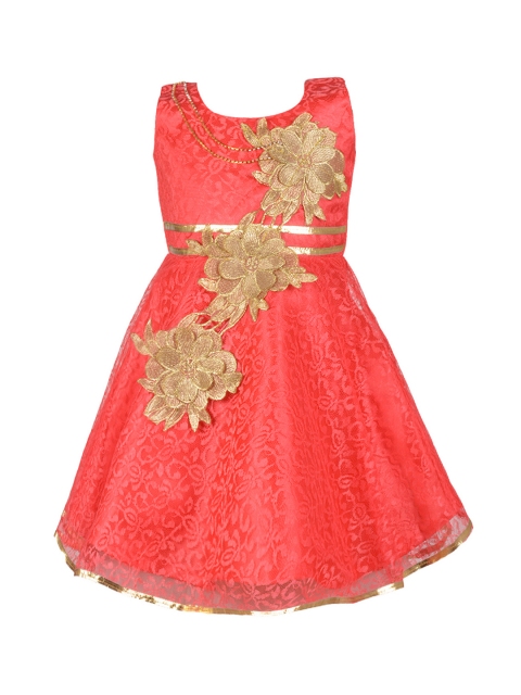

Aarika Girls Coral Self Design Fit and Flare Dress