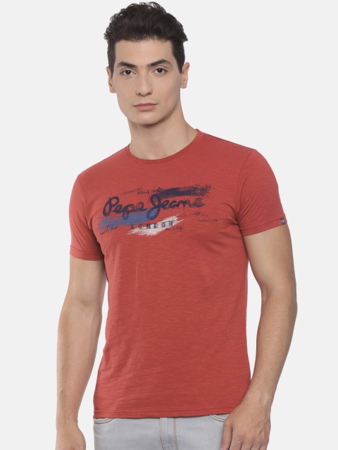 

Pepe Jeans Men Red Printed Round Neck Slim Fit T-shirt