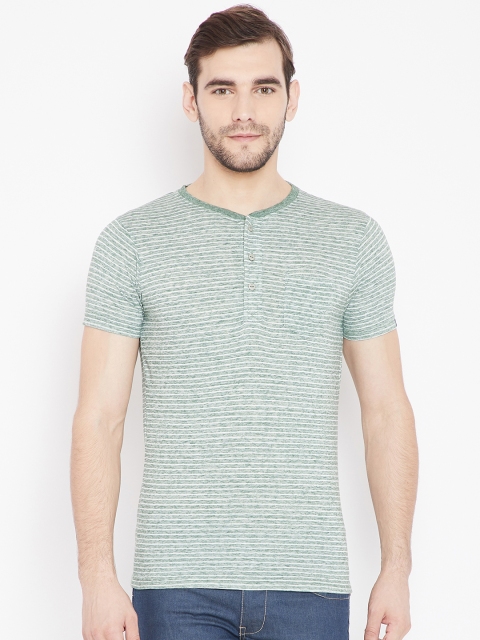 

Pepe Jeans Men Green & White Striped Henley Neck T-shirt