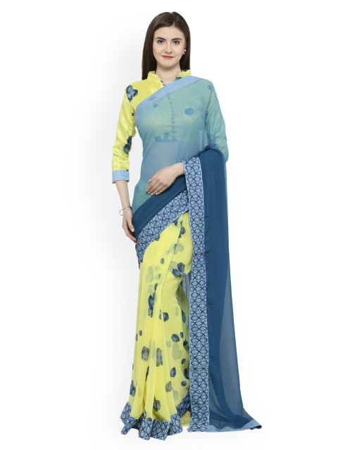 

Shaily Yellow & Blue Printed Georgette Saree