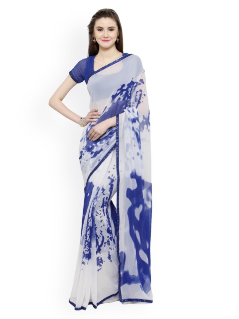 

Shaily White & Blue Pure Georgette Printed Saree