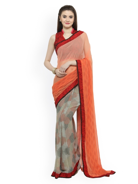 

Shaily Peach-Coloured & Red Pure Georgette Printed Saree