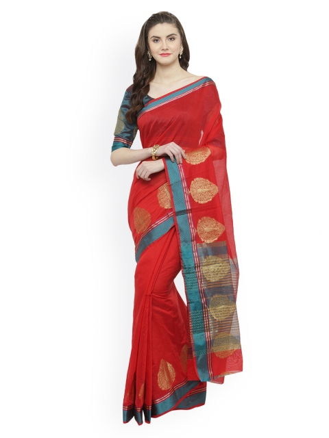 

Kvsfab Red & Teal Silk Cotton Solid Saree