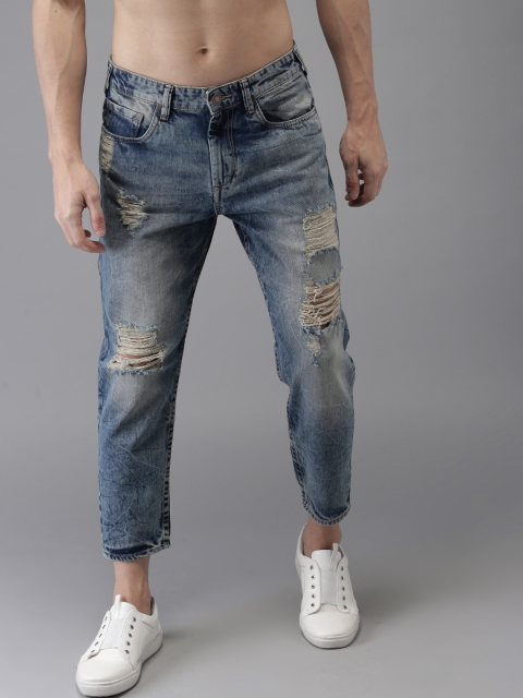 

HERE&NOW Men Blue Straight Fit Cropped Mid-Rise Highly Distressed Jeans