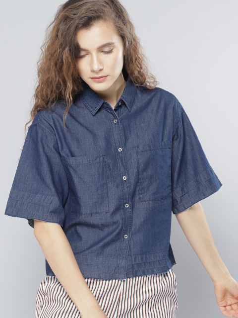 

NUSH Women Blue Boxy Solid Casual Shirt