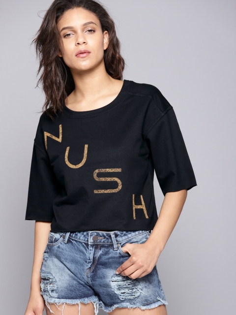 

NUSH Women Black Printed Round Neck T-shirt