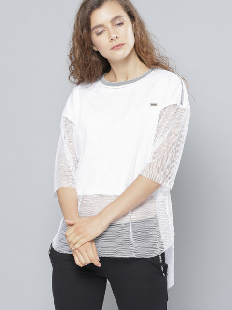 

NUSH Women White Self Design Round Neck T-shirt