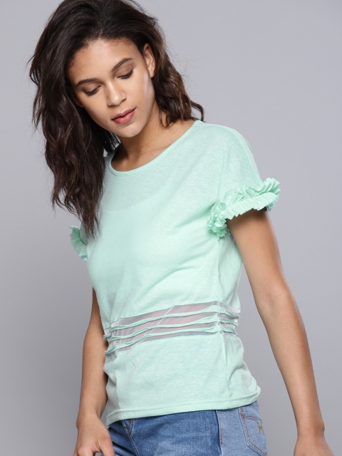 

NUSH Women Sea Green Solid Round Neck T-shirt