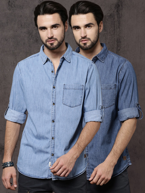 

Roadster Men Pack Of Two Solid Denim Regular Fit Casual Shirt, Blue