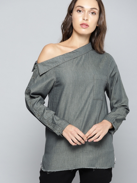 

NUSH Women Charcoal Grey One-Shoulder Solid Pure Cotton Top