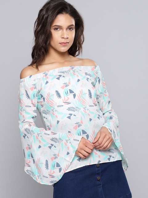 

NUSH Women Off-white & Turquoise Blue Printed Off-shoulder Bardot Top